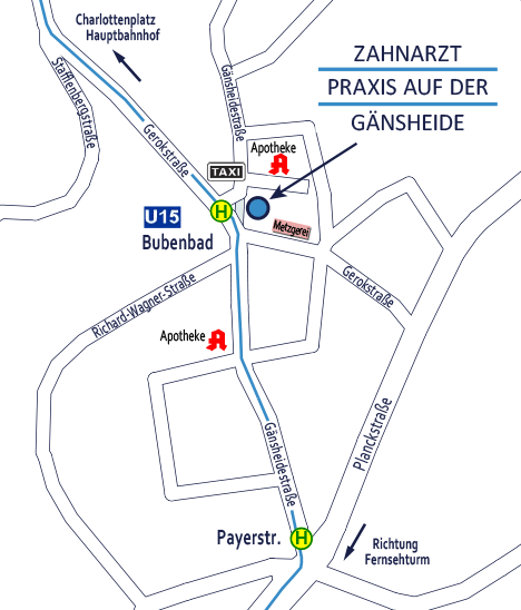 Lageplan: Anfahrt zur Zahnarzt Praxis auf der Gänsheide 